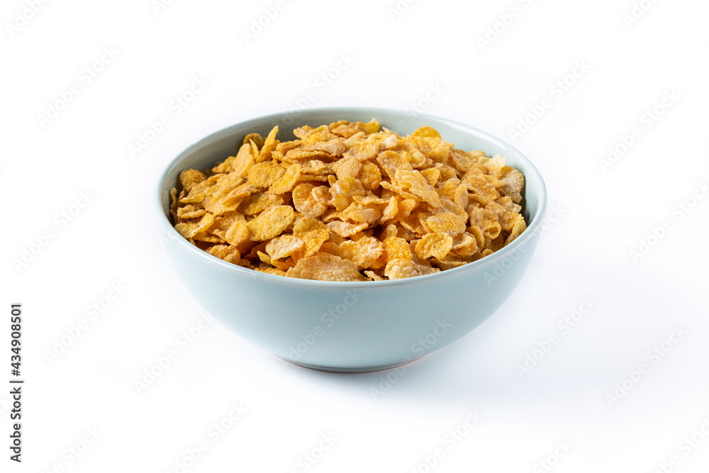 Corn flakes in a blue bowl isolated on white background Corn flakes in a blue bowl isolated on white background