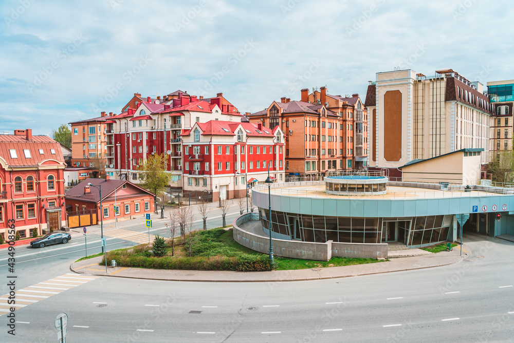  Streets of Kazan, panoramic view of the city on a summer day, buildings and architecture of the city. Kazan, Russia - 8 May 2021