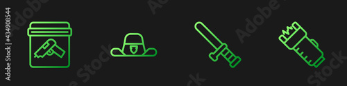 Set line Police rubber baton, Evidence bag with gun, Sheriff hat badge and electric shocker. Gradient color icons. Vector