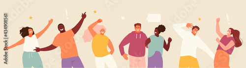 Group of young happy dancing people. Holiday, a successful business project, party or festival. Vector illustration