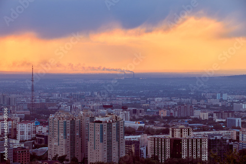 panoramic sunset view of the Almaty city, Kazakhstan