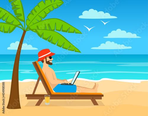 man working on laptop, pc on tropical island, beach.