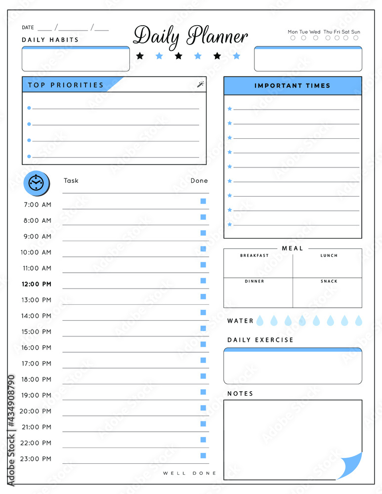 Daily planner template. printable template - Easy to plan your day. Planner note pages templates - Daily tasks, goals and appointments template -Undated Daily Planner with ToDol list - Todays Plan- 8.