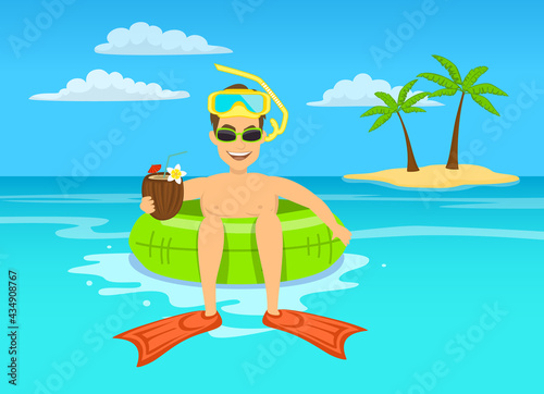 funny guy with coconut coktail and snorkeling mask floating on inflatable inner ring in tropical ocean water, happy summer vacations vector illustration