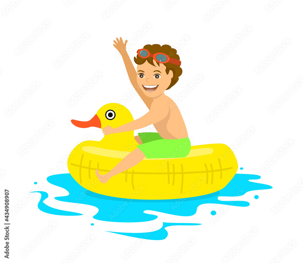 Fototapeta happy boy floating on inflatable duck inner ring tube isolated vector illustration