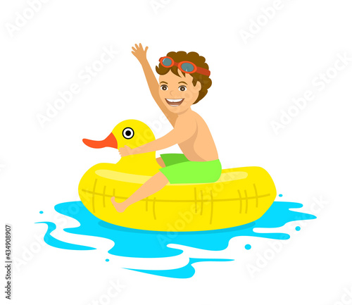 happy boy floating on inflatable duck inner ring tube isolated vector illustration © VecTerrain