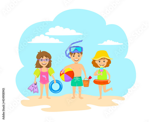 cute children standing on the beach, summer time fun