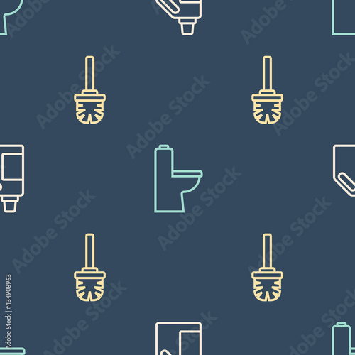 Set line Bottle for cleaning agent, Toilet brush and bowl on seamless pattern. Vector