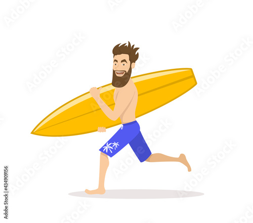 funny surfer man running with surfboard isolated vector illustration