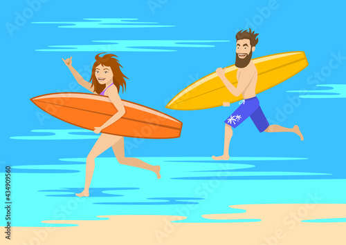 funny couple surfers, man and woman running on the beach with surfboards