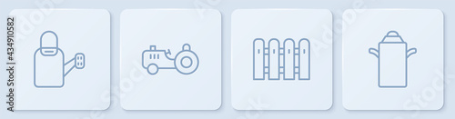 Set line Watering can, Garden fence wooden, Tractor and Can container for milk. White square button. Vector