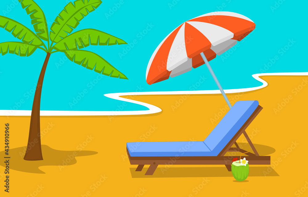 summer beach time vacation background with umbrella, sun lounge chair and palm tree at seaside