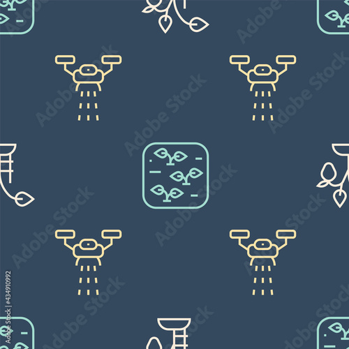 Set line Strawberry bush, Smart farm with drone and Plant on seamless pattern. Vector
