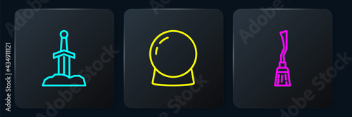 Set line Sword in the stone, Witches broom and Magic ball. Black square button. Vector