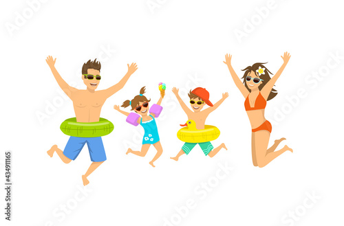 family, man woman boy girl, parent and their children jumping for joy, happy to be on vacations on a beach