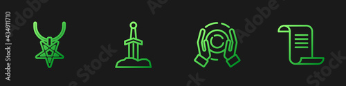 Set line Magic ball on hand, Pentagram necklace, Sword in the stone and Ancient magic book. Gradient color icons. Vector