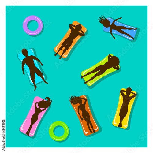 man and woman swimming floating in pool on inflatable mattress silhouettes summer time beach background