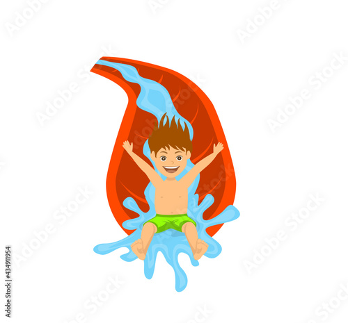 boy sliding on waterpipe in aquapark, isolated