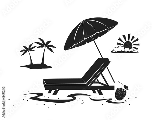 summer beach time vacation silhouette  background with umbrella, sun lounge chair and palm tree at seaside