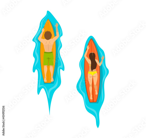 man and woman  surfers swimming on  surfboards top view from above, isolated