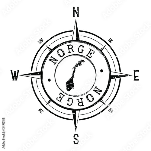 Norway Stamp Map Compass Norge Adventure. Illustration Travel Country Symbol. Seal Expedition Wind Rose Icon.
