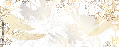 Luxurious golden wallpaper. White background. Gold leaves wall art with shiny golden light texture. Modern art mural wallpaper. Vector illustration.
