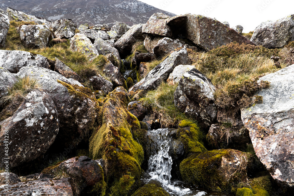 A macro photograph of a miniature waterfall running through rocks and fields within Wales. A macro photograph of a miniature waterfall running through rocks and fields within Wales.
