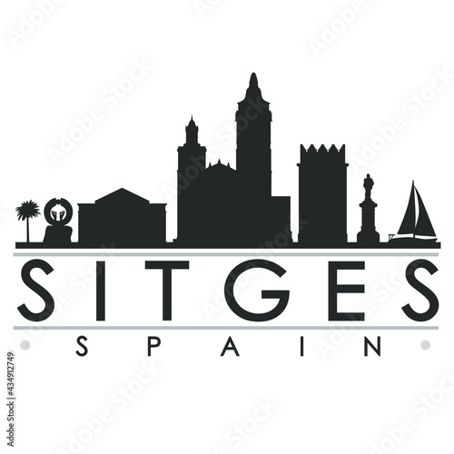 Sitges, Barcelona, Spain Skyline Silhouette Design. Clip Art City Vector Art Famous Buildings Scene Illustration. photo