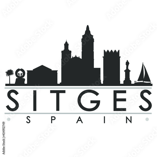 Sitges, Barcelona, Spain Skyline Silhouette Design. Clip Art City Vector Art Famous Buildings Scene Illustration.