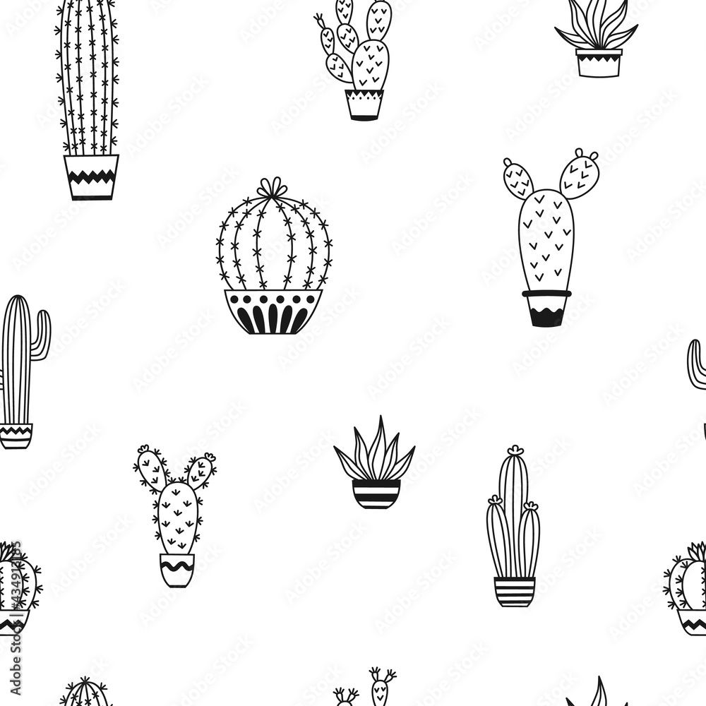 Seamless pattern with potted cactus Vector outline illustration drawings For design packaging, textile, background, design postcards and posters Seamless pattern with potted cactus Vector outline illustration drawings For design packaging, textile, background, design postcards and posters