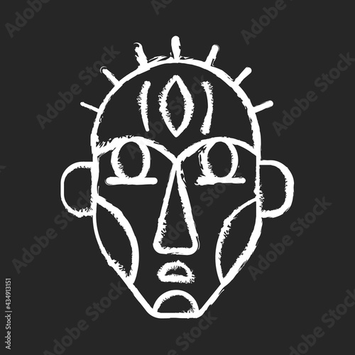 Ritual masks chalk white icon on black background. Supernatural beings, ancestors representation. Ceremonial mask. Using by tribes in ancient times. Isolated vector chalkboard illustration