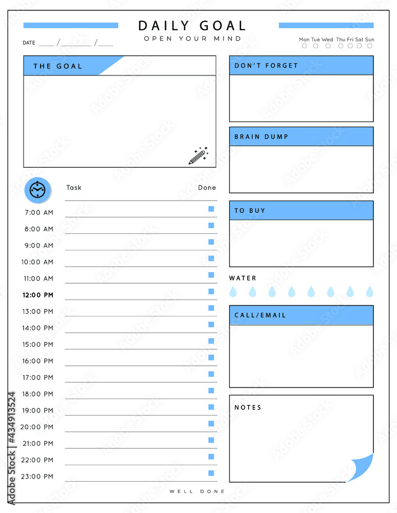 Daily planner template. printable template - Easy to plan your day. Planner note pages templates - Daily tasks, goals and appointments template -Undated Daily Planner with ToDol list - Todays Plan- 8.