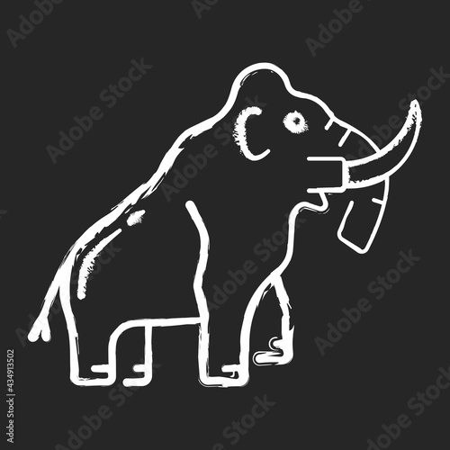 Mammoth skeleton chalk white icon on black background. Trunked mammal. Paleontological excavation. Elephant-like bones. Museum exhibit. Large proboscidean. Isolated vector chalkboard illustration