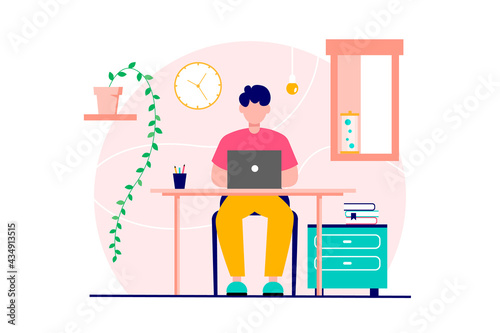 Man sitting at computer. The concept of remote work, work from home, taking courses. Vector illustration. Isolated on a white background.