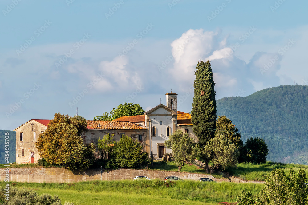 View of the ancient Church of San Zio, Cerreto Guidi, Florence, Italy, on a hill in the Tuscan countryside - obrazy, fototapety, plakaty 