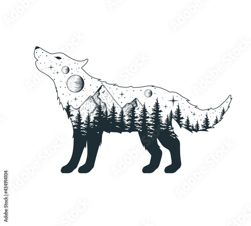 Hand drawn vector isolated illustration of celestial wolf. Mystical animal with galaxy, stars, moon and planets, forest trees and mountain. Spiritual tattoo.