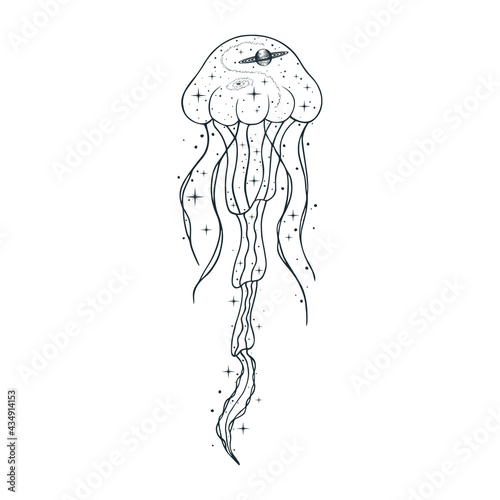 Hand drawn vector isolated illustration of celestial jellyfish. Mystical animal with galaxy, stars, constellations, moon and planets.