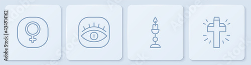 Set line Venus, Burning candle, Masons and Christian cross. White square button. Vector