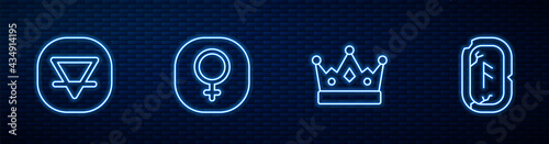 Set line King crown, Earth element, Venus and Magic runes. Glowing neon icon on brick wall. Vector