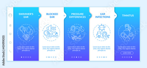 Common ear conditions onboarding vector template. Responsive mobile website with icons. Web page walkthrough 5 step screens. Blocked ear, tinnitus, tension color concept with linear illustrations