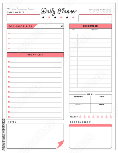 Daily planner template. printable template - Easy to plan your day. Planner note pages templates - Daily tasks, goals and appointments template -Undated Daily Planner with ToDol list - Todays Plan- 8.