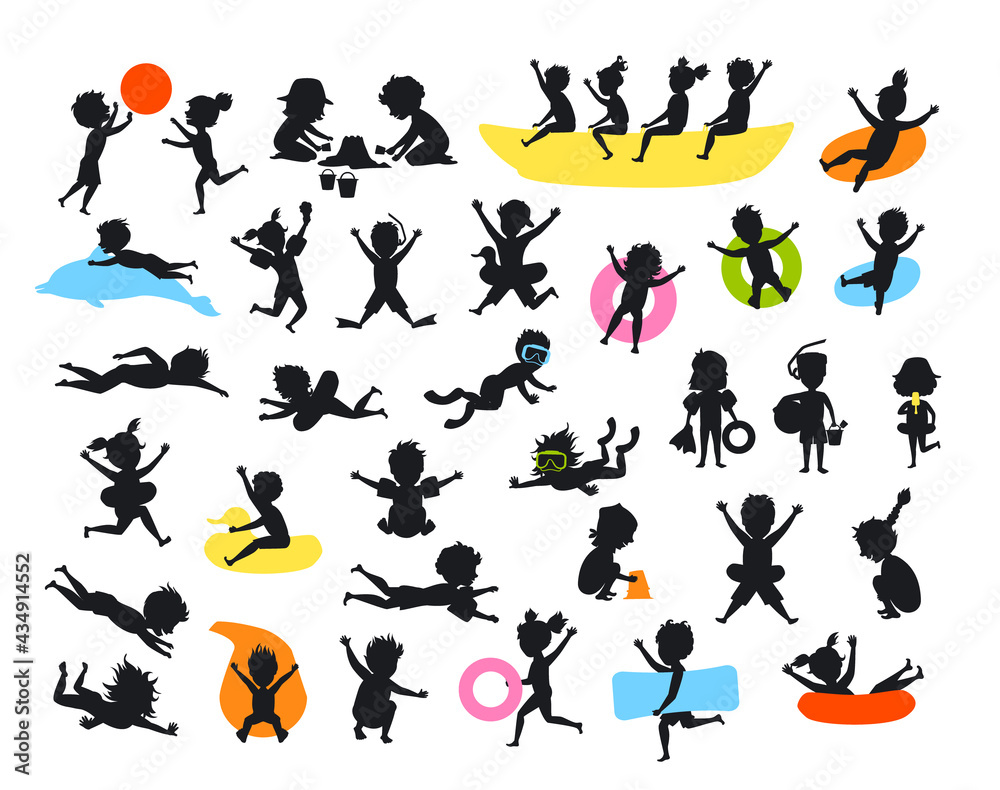 silhouettes set of summer time children on the beach swimming diving jumping playing ball, making of sand castle, snorkeling, sliding on tubes, floating on inflatable mattress and rings, running