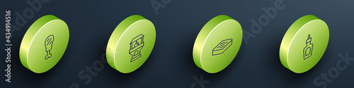 Set Isometric line Chicken leg, Brick stove, Steak meat and Sauce bottle icon. Vector