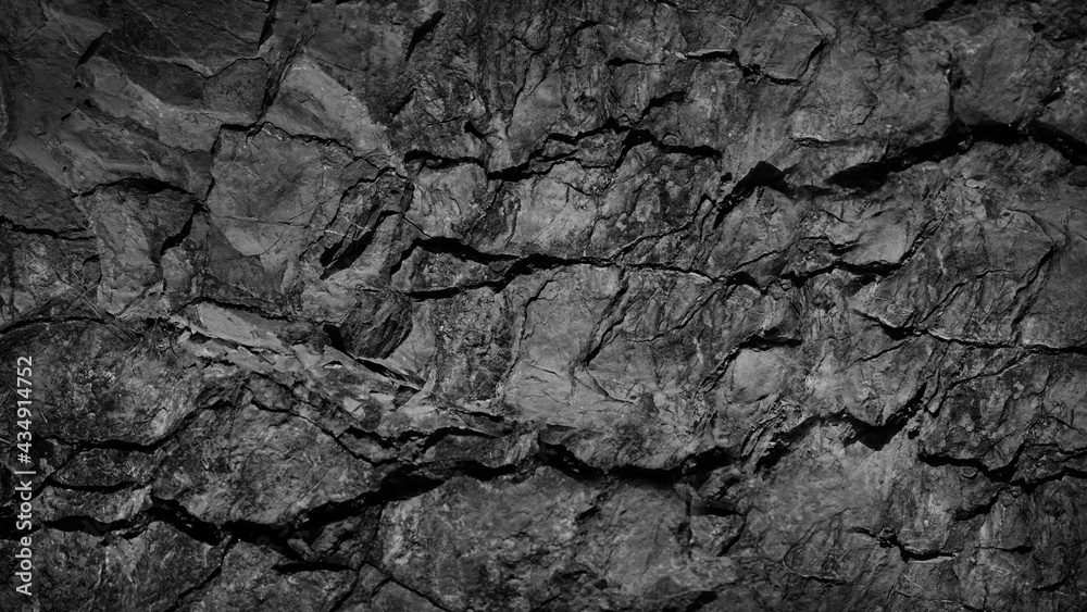 Black white grunge background. Rock texture with cracks. Stone wall background with copy space for text and design. Web banner. Dark gray rocky surface. Close-up.