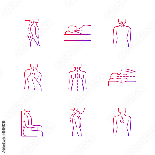 Back and posture problems gradient linear vector icons set. Lumbar lordosis. Incorrect sleeping position. Neck pain. Thin line contour symbols bundle. Isolated vector outline illustrations collection