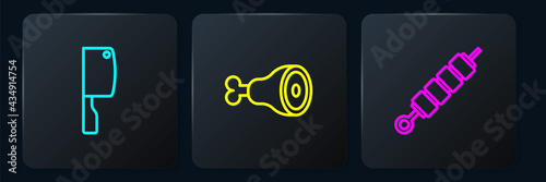 Set line Meat chopper, Grilled shish kebab and Chicken leg. Black square button. Vector