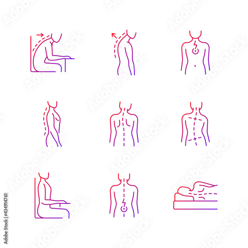 Back and posture problems gradient linear vector icons set. Slouched position at desk. Spine natural curvature. Thin line contour symbols bundle. Isolated vector outline illustrations collection