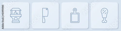 Set line Brick stove, Cutting board, Meat chopper and Chicken leg. White square button. Vector