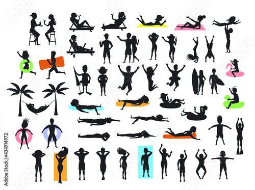 Silhouettes collection of people enjoying summertime beach holidays vacations. man, woman, couple sunbath, swim, floating, lying on inflatable rings and mattress, hammock, drinking cocktails