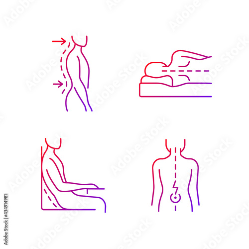 Postural dysfunction gradient linear vector icons set. Lumbar lordosis. Side-lying sleeping position. Muscle spasms. Thin line contour symbols bundle. Isolated vector outline illustrations collection